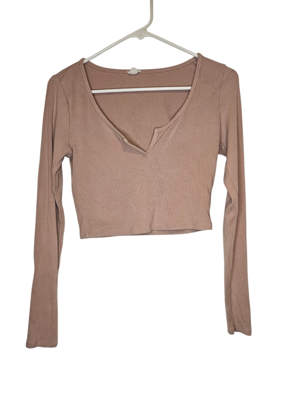 Garage Ribbed V-Neck Long Sleeve Crop Top - Pink Medium